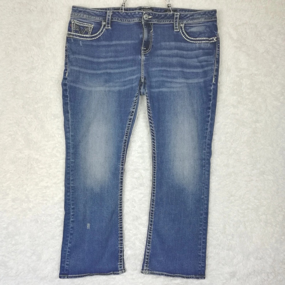 Vigoss Womens Jeans Boot Cut Blue Denim Mid Rise Medium Wash Whiskering Plus 22
